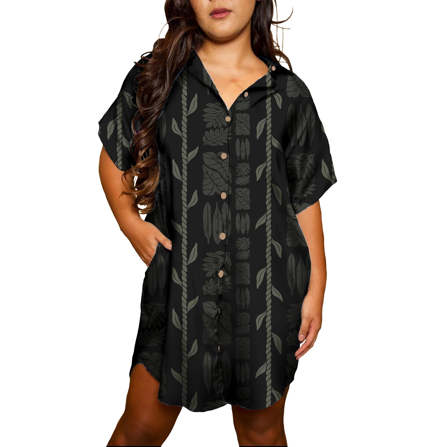T-Shirt Dress - Black Rustic Leaves