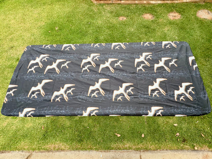 Protective 8ft Table Cover - Black Iwa Bird & Maile Lei