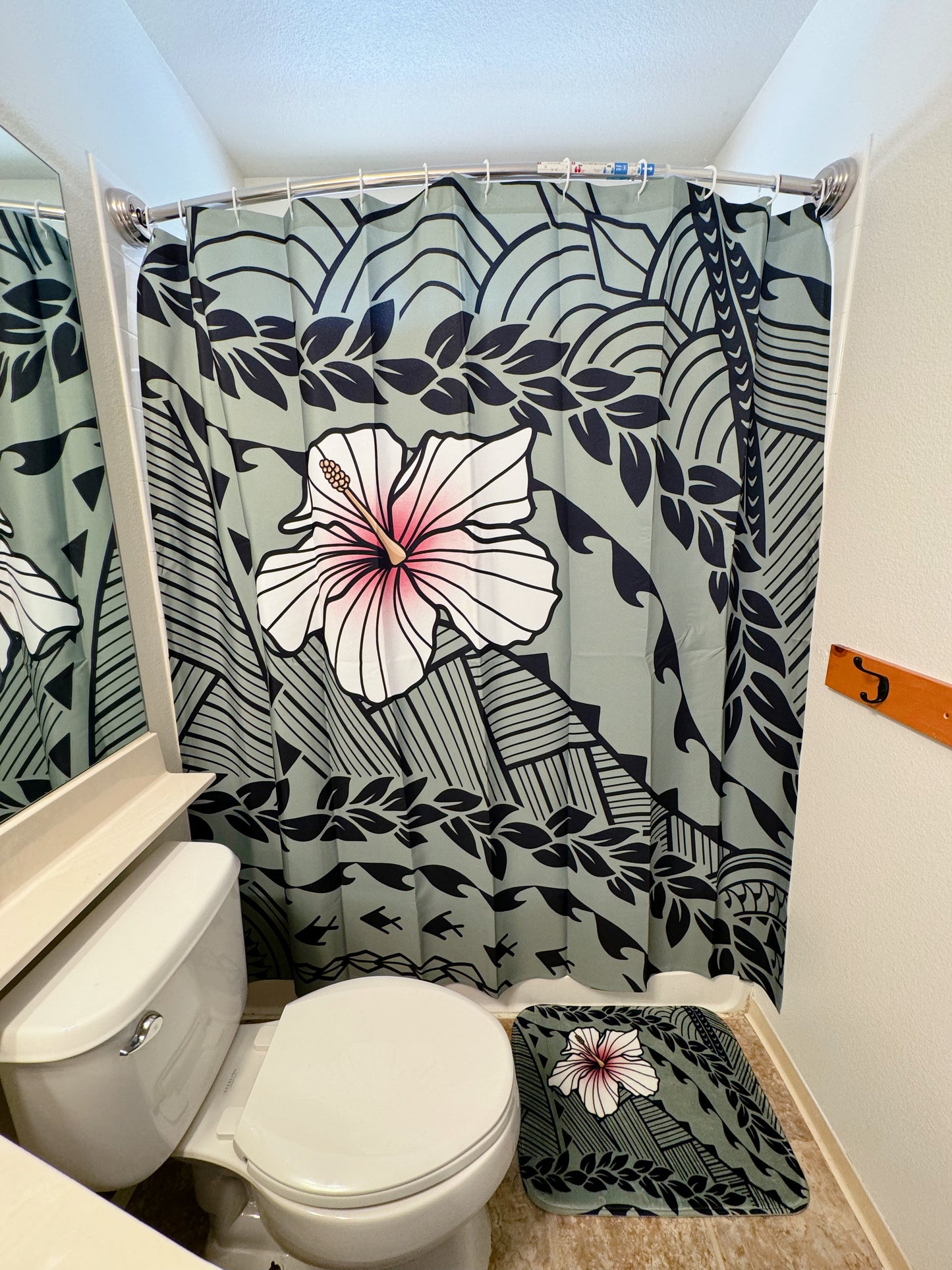 Shower Curtain (curtain only) - Sage Green Hibiscus Tribal