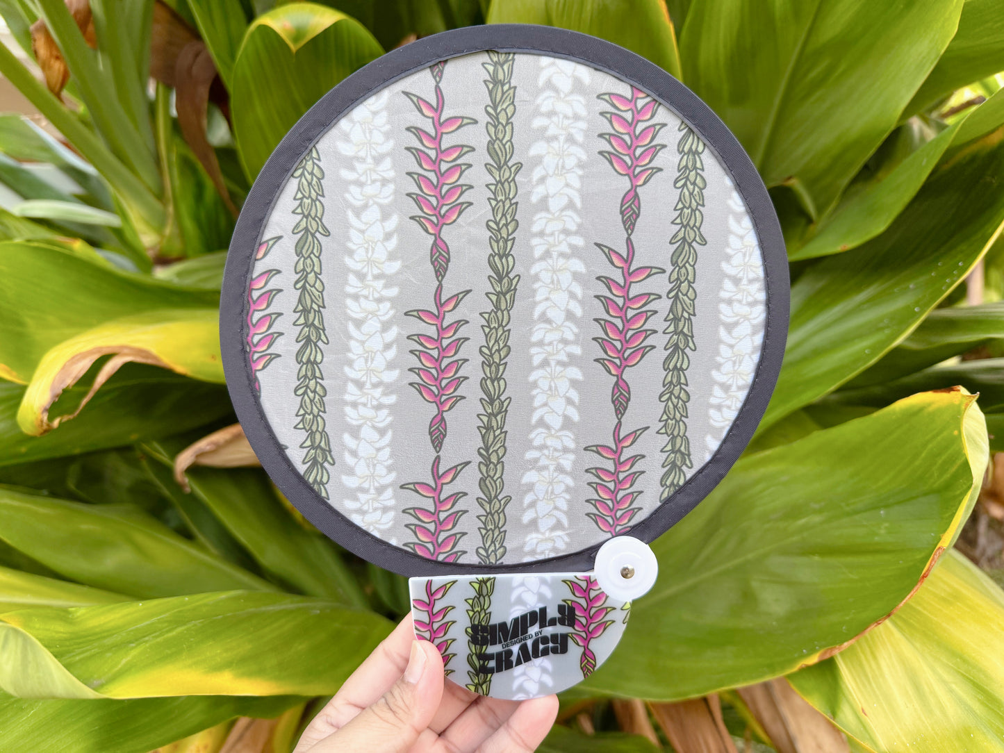 Foldable Pocket Fan - Heliconia Plumeria Pikake (Sand)